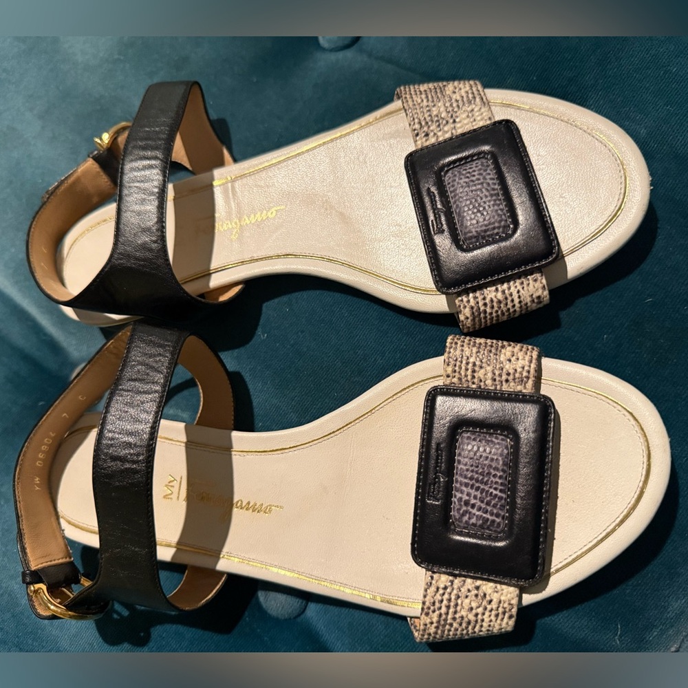 Salvatore Ferragamo Black And Snake Gold Heel Sandals